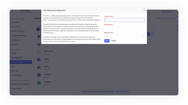 Enter username(access code) and password (working key), then click 'save.' the plugin will be installed and appear to the merchant during invoice creation. Enter username(access code) and password (working key), then click 'save.' the plugin will be installed and appear to the merchant during invoice creation.