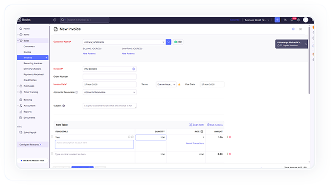 Add invoice details, enter customer name, place of supply, order number and subject etc. Add invoice details, enter customer name, place of supply, order number and subject etc.
