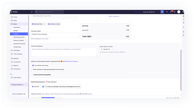 Add item details with the amount and click on 'Save & Send' Add item details with the amount and click on 'Save & Send'