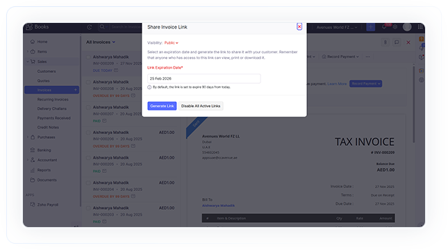 From the invoice dashboard, select the relevant invoice and share the invoice link with the customer whenever required From the invoice dashboard, select the relevant invoice and share the invoice link with the customer whenever required