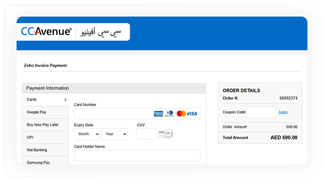 The customer will redirect to the CCAvenue payment page, where they will enter mobile number and email address and proceed The customer will redirect to the CCAvenue payment page, where they will enter mobile number and email address and proceed